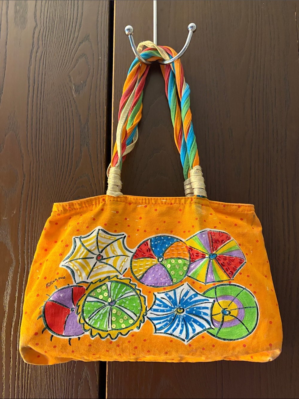 Sally Huss Hand-Painted Orange Canvas Tote with Multicolor Rope Handles.